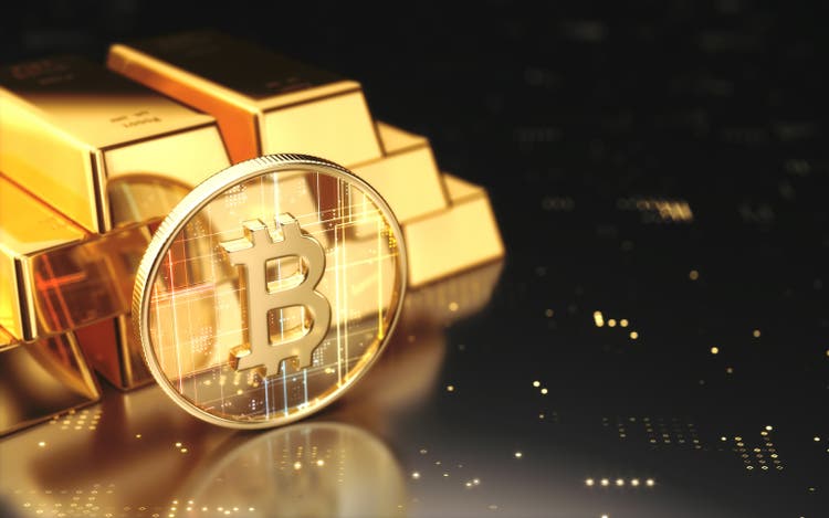 Gold Bars and Metal Shiny Bitcoin on Big Data Data Background