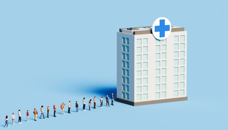 Medical clinic with a waiting lineup of people on a blue background