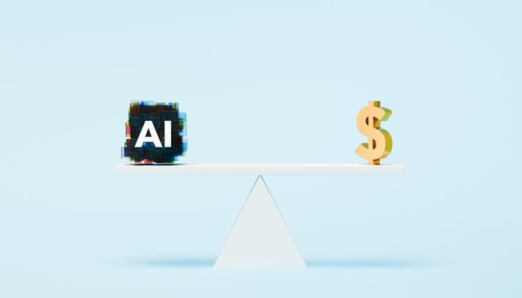 White seesaw balancing an AI symbol and a gold dollar sign on a blue background