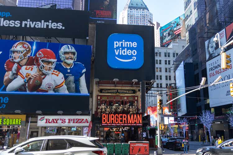 Prime Video advertisement displayed prominently on a billboard in Times Square, New York.