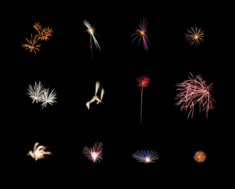 Beautiful light for celebration of Festive colorful fireworks display on night sky, isolated on black background