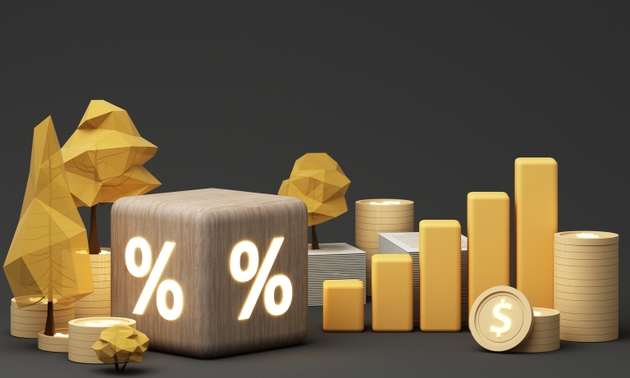 Illuminated percentage symbol surrounded by golden coins, bar chart, and geometric trees, symbolizing financial growth, investments, and wealth accumulation in a modern 3D design. 3d rendering