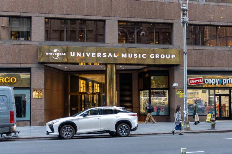 Front view of Universal Music Group office in New York, a hub for global music production and distribution.