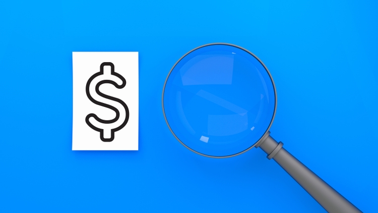 Dollar sign symbol, magnifying glass, bright blue background, white paper, black outline, financial investigation concept, search for money, economic analysis. 3D render.