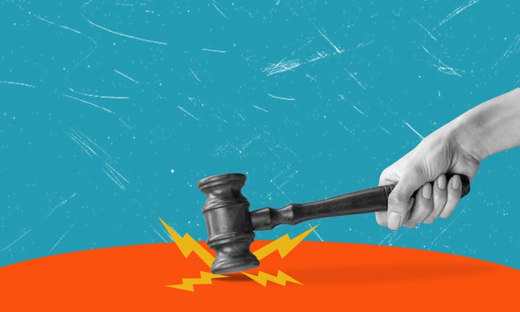 Contemporary art collage featuring a hand with a judicial hammer.