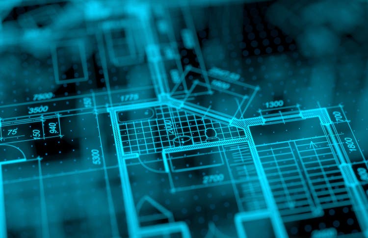 Architecture blueprint on digital lcd display with reflection.