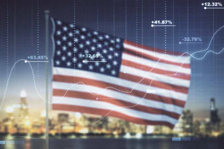 Multi exposure of abstract virtual graphic data spreadsheet sketch on US flag and skyline background, analytics and analysis concept