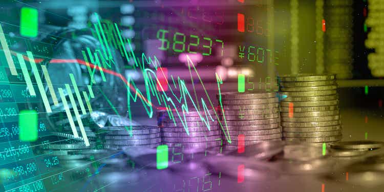 Stock market financial graph trading analysis investment, stock exchange financial or forex graph stock market graph .Money business financial graph diagram of coin .Stack of coins with trading price