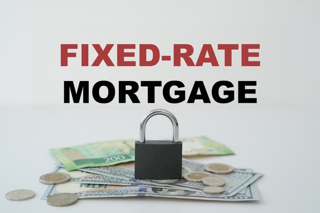 Write the concept of a Fixed-rate mortgage spread out on a white background