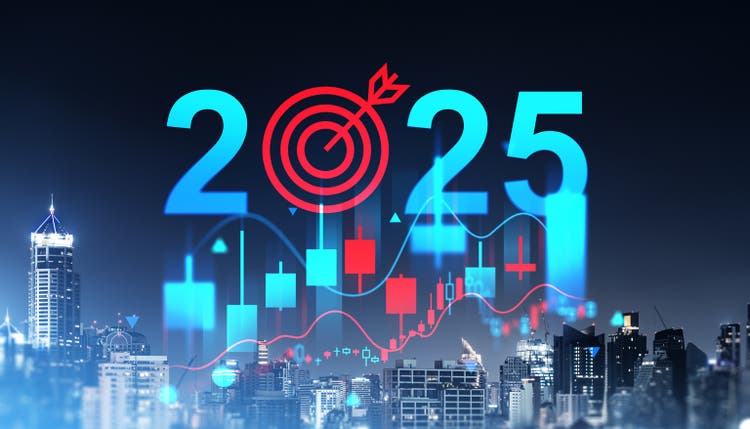 2025 business target and growth concept with stock charts over cityscape background. Financial forecast and future strategy in Asia.