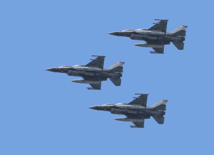 Armed fighter jets in blue sky. Festive parade of Israel Army of Defense. Independence Day