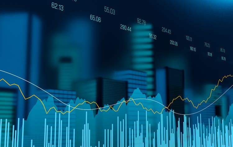 Stock market and exchange concept with skyline, bar graph, chart and stock ticker.