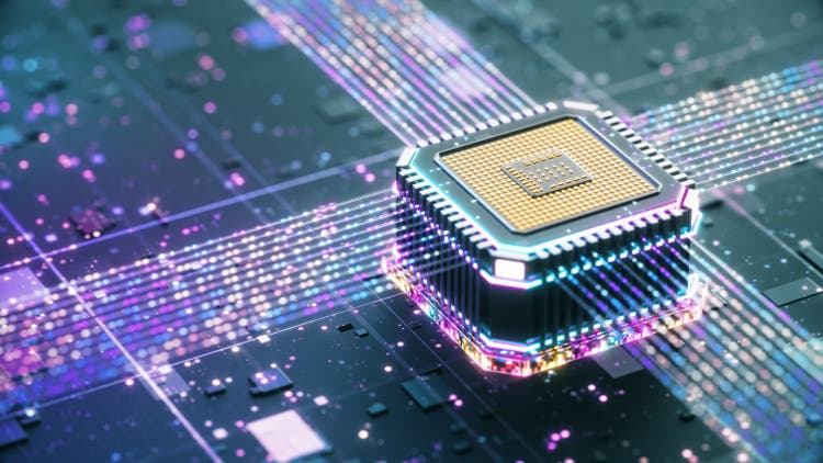 Futuristic central processor unit. Powerful Quantum CPU on motherboard with data transfers.