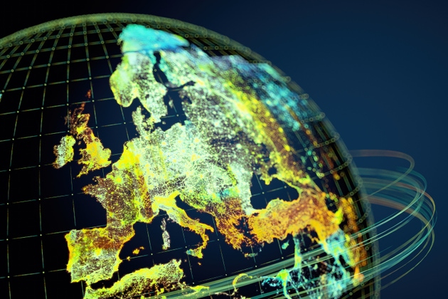 Global Communication Concept. Illuminated World Map Focused on Europe