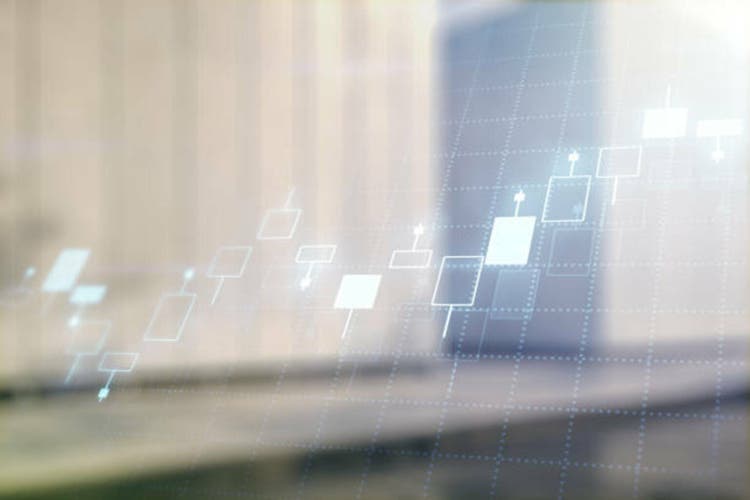 Double exposure of abstract creative financial chart hologram on modern business center exterior background, research and strategy concept