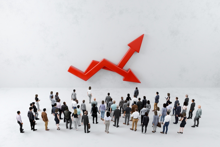 Business people facing red arrow symbol representing growth or decline