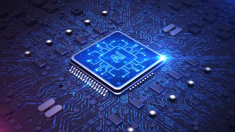 AI Microchip is included in the complex blue circuit board, advanced artificial intelligence, future computing, and digital innovation. The background of the huge three -dimensional data transmission
