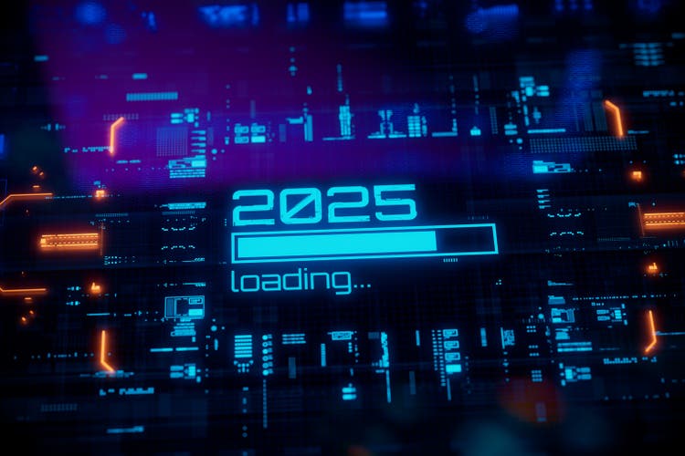 New 2025 year progress bar on digital lcd display with reflection.