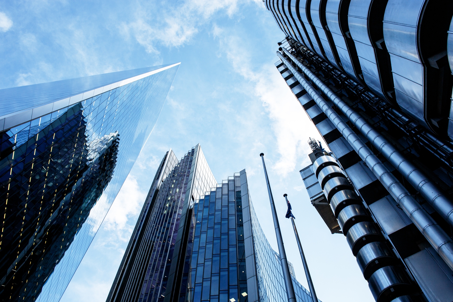 Low angle view of skyscrapers in London banking district