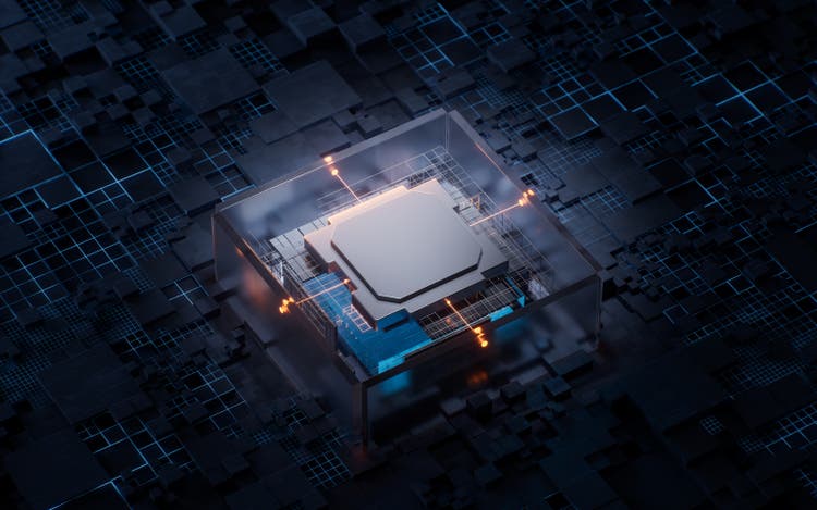 Technology circuit board and core, 3d rendering.