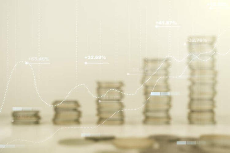 Abstract virtual analytics data spreadsheet on coins background, analytics and analysis concept. Multiexposure