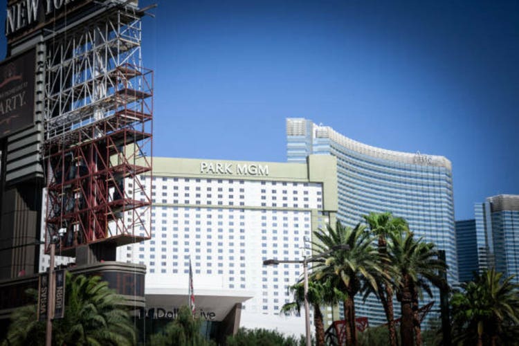 Exterior view of Park MGM resort on the Strip. Part of MGM Resorts international, it"s an hotel and casino in Las Vegas.