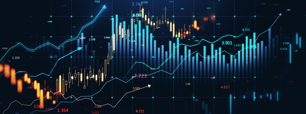 Financial data charts with glowing stock and forex graphs on a dark background illuminated in blue tones. 3D Rendering