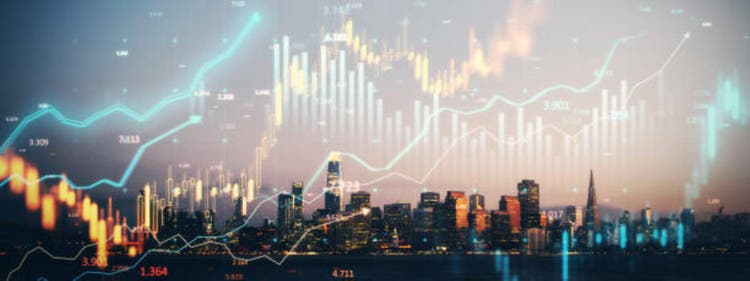 San Francisco skyline with holographic financial data overlay representing real estate market trends and investment analysis. 3D Rendering
