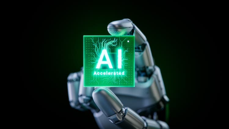 Close-up of Glowing Futuristic Green Processor at Fingertips of Humanoid Robot. Metal Hand of Humanoid Robot is Holding and Showing Innovative and Advanced AI Accelerated Chip.