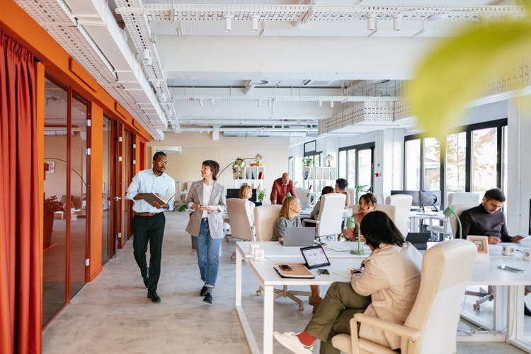 Modern Collaborative Office Space with Diverse Professionals Working in a Co-Working Environment