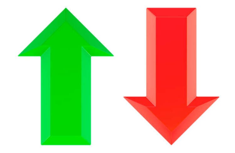 Green arrow up and red arrow down, 3D rendering