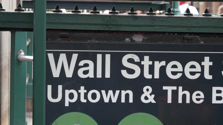 New York subway sign, Wall street underground metro station. Stock Exchange. Metropolitan entrance.