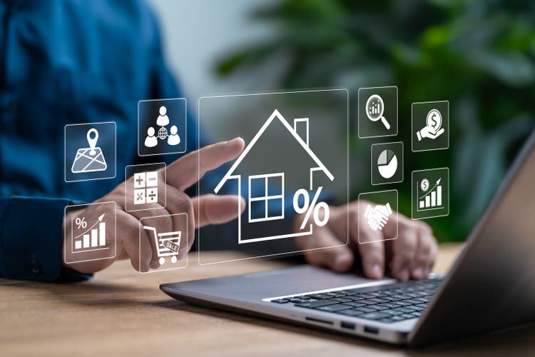 REIT, Real Estate Investment Trust Concept, Businessman use laptop Investment plan buy house, Location, Efficiency rating and property value, financial management, Investing for future profits