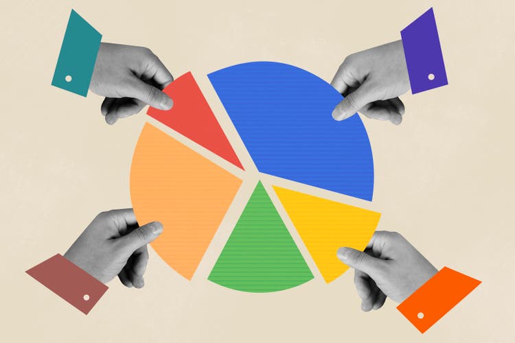 Business Still Life Collage with Hands and Pie Chart