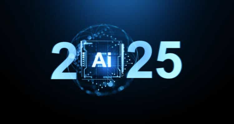 AI technology concept in 2025 with futuristic digital circuit board chip glowing in the middle of numbers with dark blue background. 3D Rendering