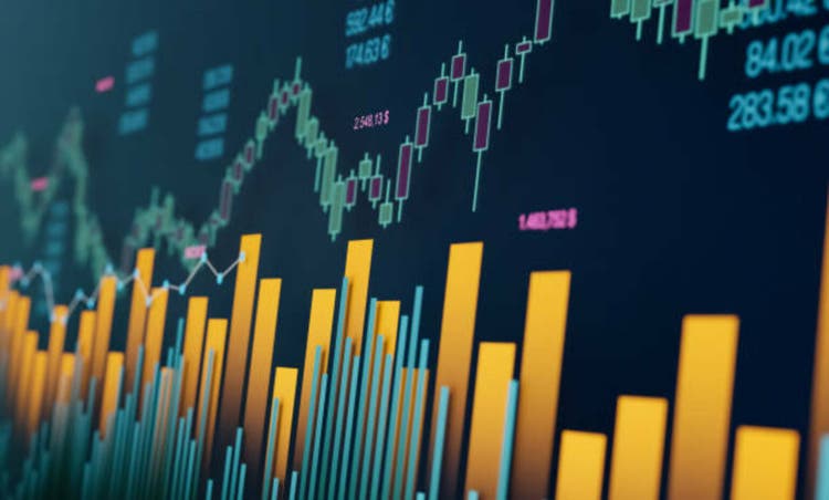 Abstract composition of stock exchange charts, bar graph and market data.