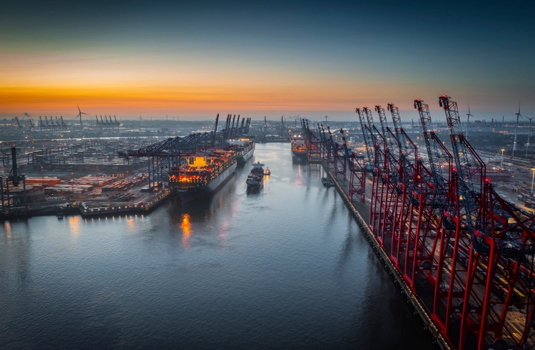 Aerial view Industrial port with Container port in Hamburg, Germany