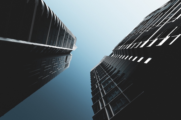 Abstract photograph looking upwards between 2 skyscrapers, Brisbane, Queensland, Australia
