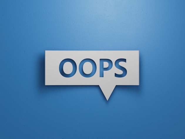 Speech Bubble block with OOPS business word.Minimalist Abstract Design With White Cut Out Paper.3D rendering on blue background.