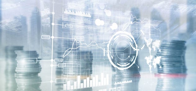 Business intelligence control interface marketing finance management. Silhouettes in the background