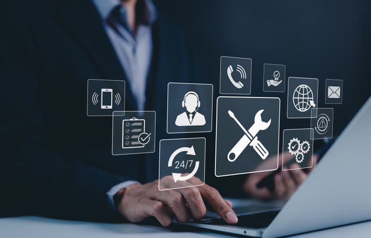 Technical support and customer service concept. Digital icon representing technical support, customer service, and 24/7 assistance. Business technology solutions for global support, service management