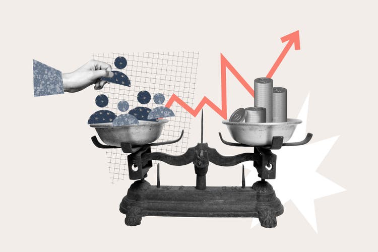 Contemporary art banner collage of hand put stone dollar currency income bank comparison weight capital profit business arrow success
