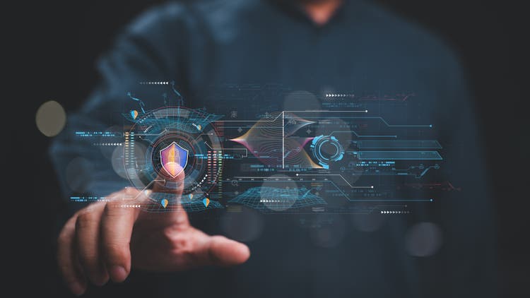 The hand interacting with futuristic digital interface, highlighting themes of cybersecurity and advanced technology in sleek, modern design