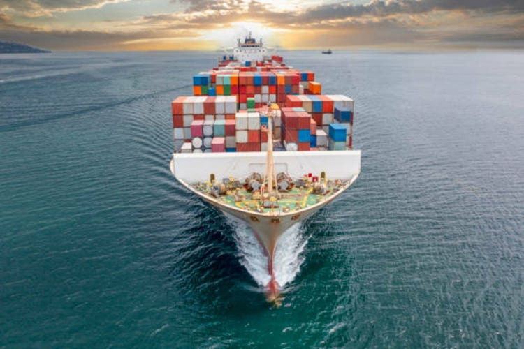 Aerial view of sea transportation of cargo ship