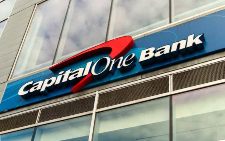 Capital One Bank logo seen from below.