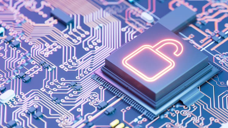 Data Breach, Cyber security concept, digital data security with open padlock on chip of motherboard