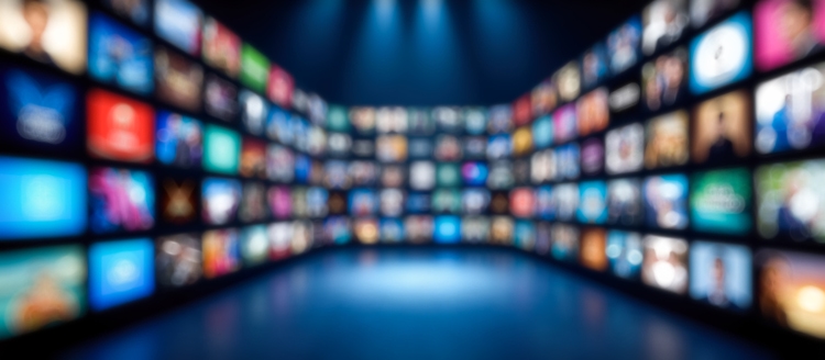 Blurred background TV show and movie icons on blue background streaming media service digital entertainment technology interface