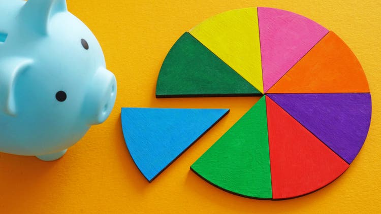 Piggy bank and segments. Financial planning and savings allocation.