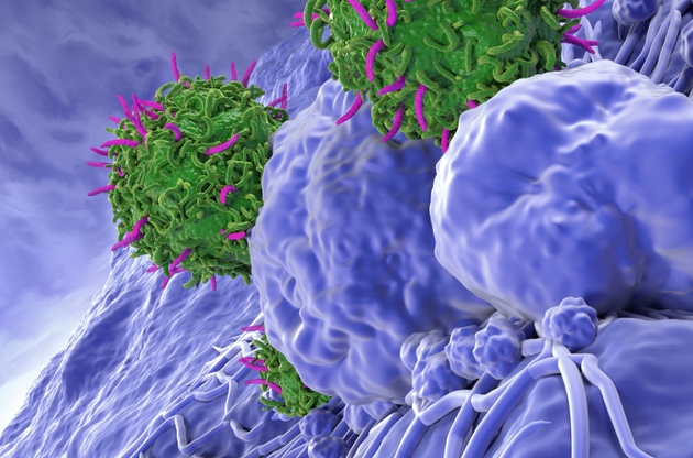 CAR T cell therapy in Thyroid cancer - closeup view 3d illustration