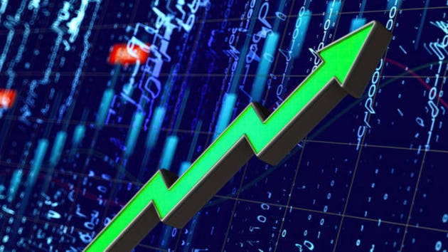 Financial Trading Concept with Green UP Arrow and a Stock Market Chart